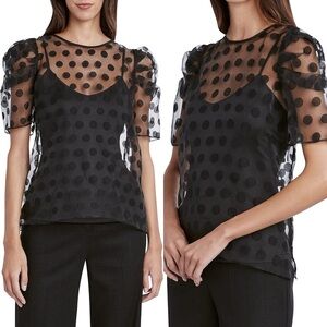 BCBGMAXAZRIA Polka Dot Puff-Sleeve Sheer Top